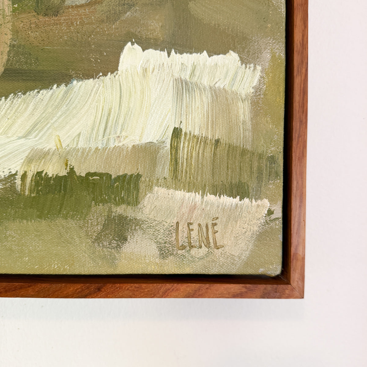 Abstract green art in floating kiaat frame