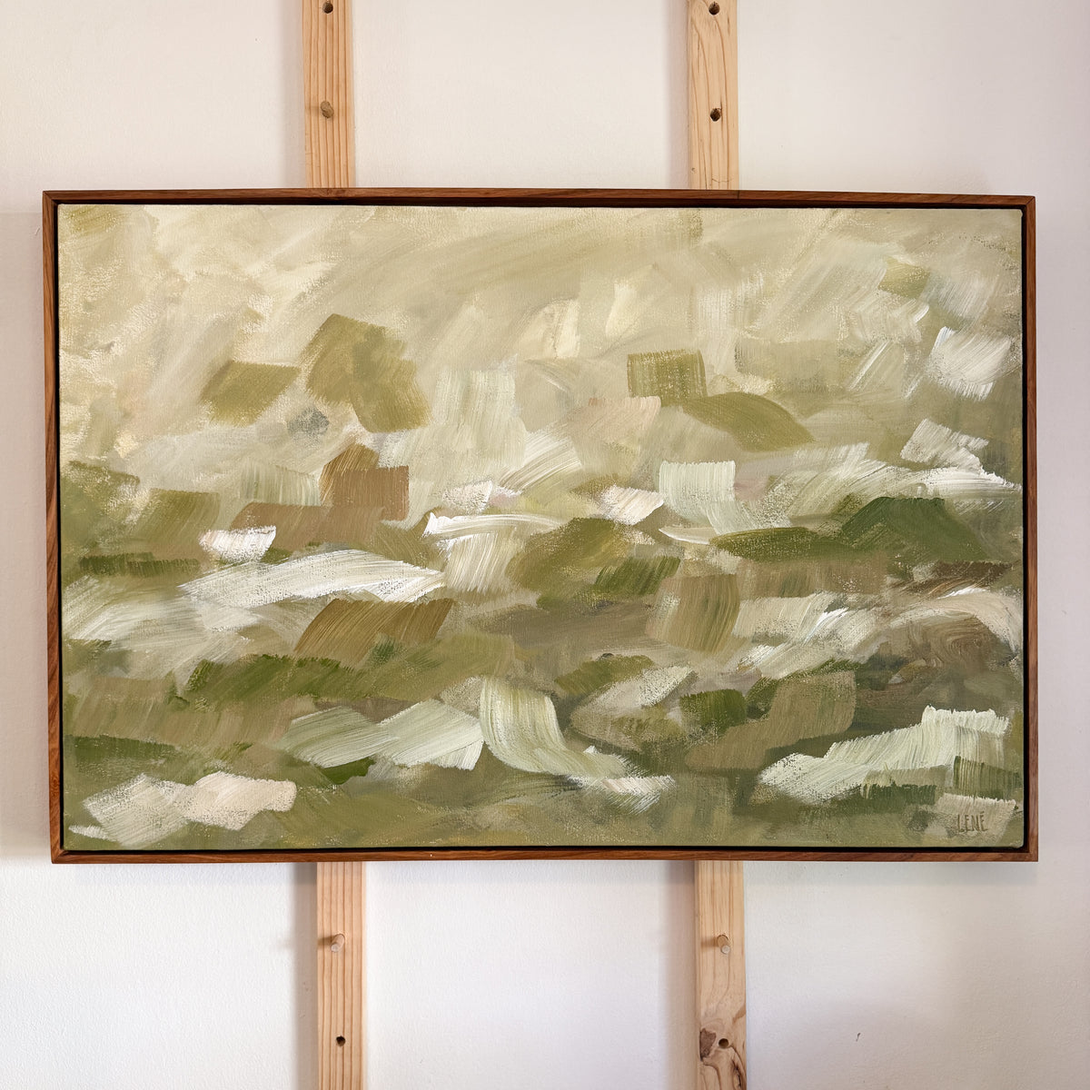 Abstract green art in floating kiaat frame