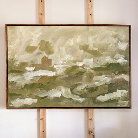 Abstract green art in floating kiaat frame