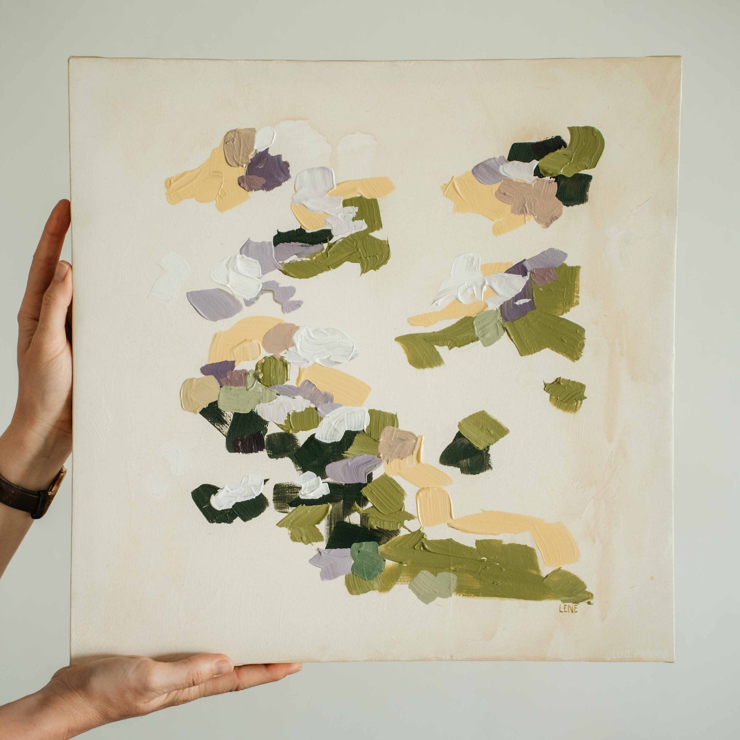 Abstract art with green purple beige